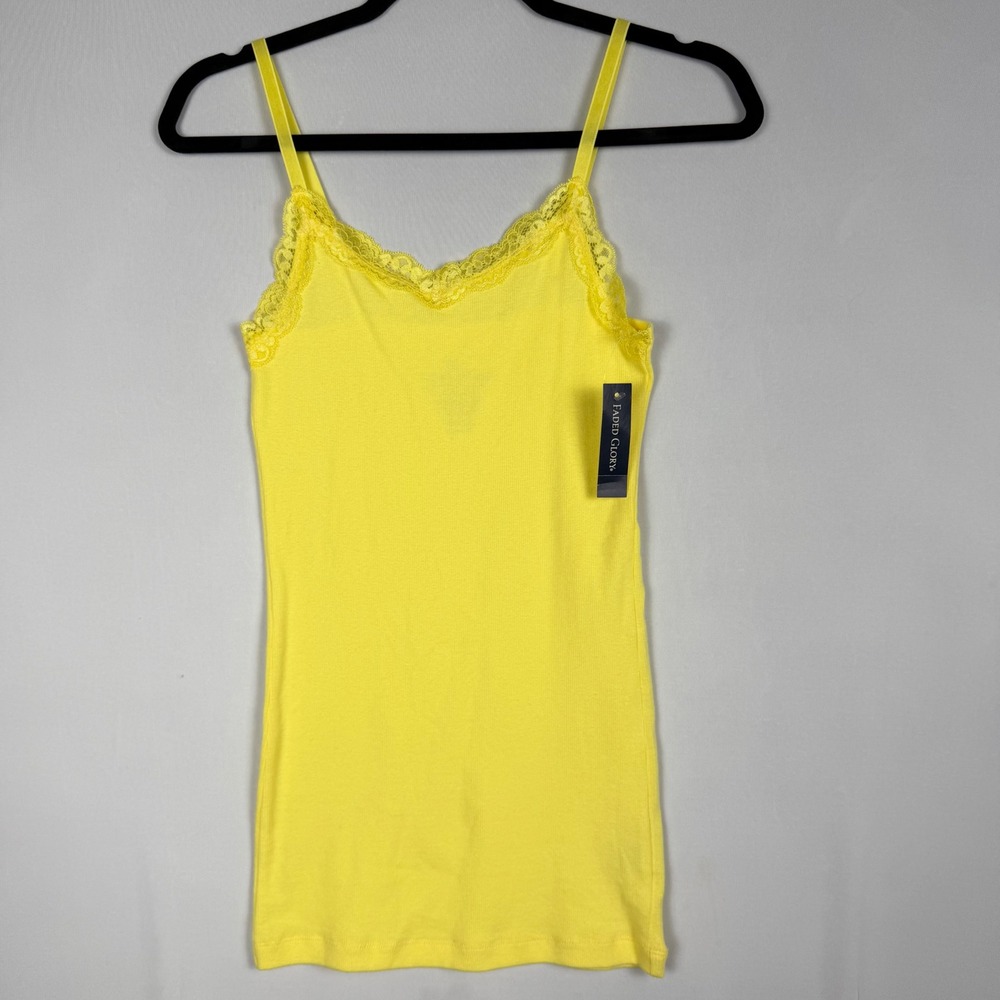 Vtg 90s Y2K Faded Glory Lace Trim Cami Tank Top S Yellow Ribbed Cotton Indie NWT